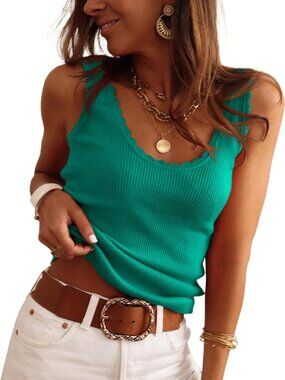 👑 Womens Mint Sleeveless Scoop Neck Ribbed Knit Shirt Casual Sexy Sweater Vest